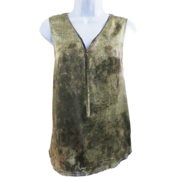 Silk V Neck GoBy GoSilk Metal Zip Pullover Top Mex Media Woven Raw Hem Washable - Picture 2 of 7